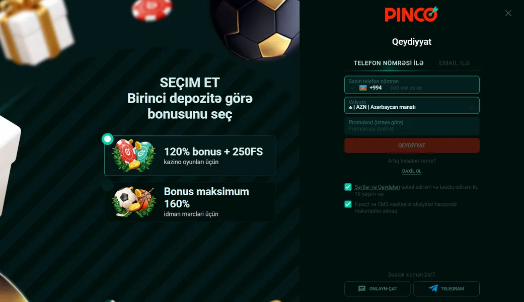 Pinco Casino AZ qeydiyyat və şəxsi kabinet